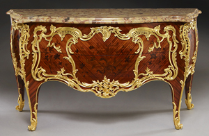 Paul Sormani Louis XV style commode, the shaped and molded breche d'alep marble top over a bombe shaped two drawer cabinet, inlaid with elaborate floral marquetry and mounted with exceptional quality dore bronze. The lock plate of top drawer stamped, "Paul Sormani 10r Charlot, Paris" and "P. Sormani Paris" stamped into the top of the front legs under the marble. Paul Sormani (Italian/French, 1817-1877). Provenance: Ex Coll: Baroness Leigh who maintained residences in Geneva, Penzance and New York. By repute, this commode was purchased directly from Sormani in Paris in the 1860's for the family residence in Geneva and later moved to Penzance. 37.5"H x 67.25"W x 23.5"D